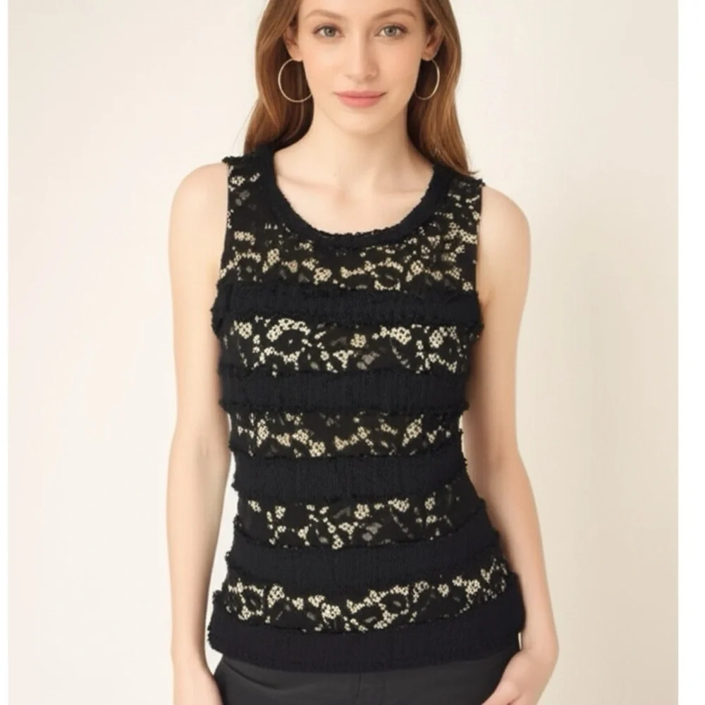 J. CREW Womens Textured Lace Overlay Top Size XS Black Sleeveless Blouse Shirt